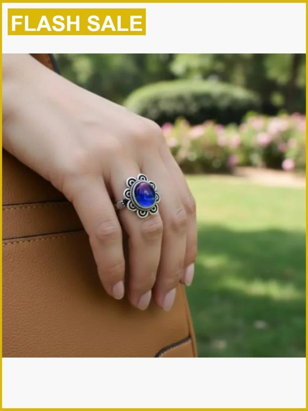 Retro Flower Mood Ring Sterling Silver Thermochromic Stone Statement Ring Boho